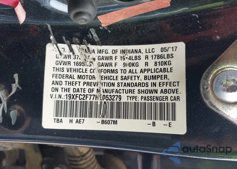 2017 Honda Civic Ex from USA, damaged, VIN 19XFC2F77HE053279